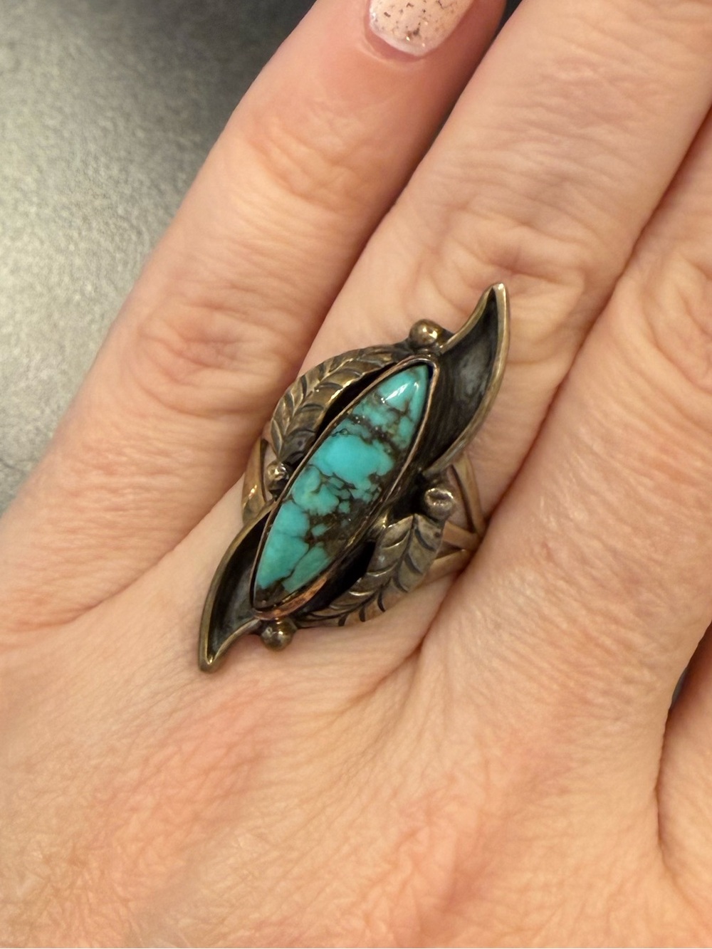 Turquoise Marquise Leaf Vintage-Style Statement Ring and mother of pearl ring